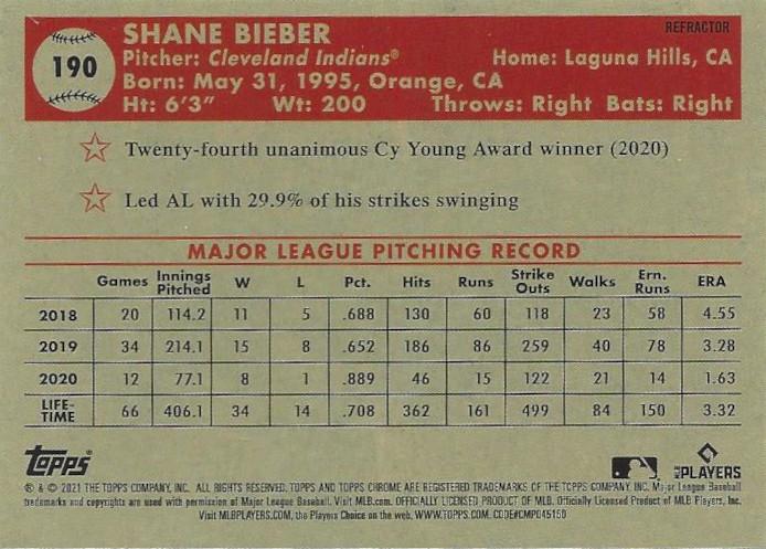 2021 Topps Chrome Platinum Anniversary Refractor #190 Shane Bieber - Cleveland Indians