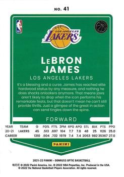 2021-22 Panini Donruss Optic LeBron James Purple Refractor #41 Los Angeles Lakers