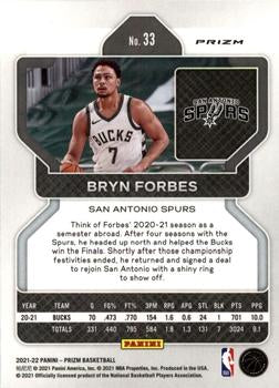 2021-22 Panini Silver Prizm Bryn Forbes 33 San Antonio Spurs