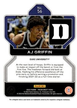 2022 Panini Prizm Draft Pick AJ Griffin Rookie #56 Duke Blue Devils