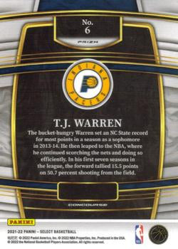 2021-22 Panini Select T.J. Warren Blue Prizm #6 Indiana Pacers