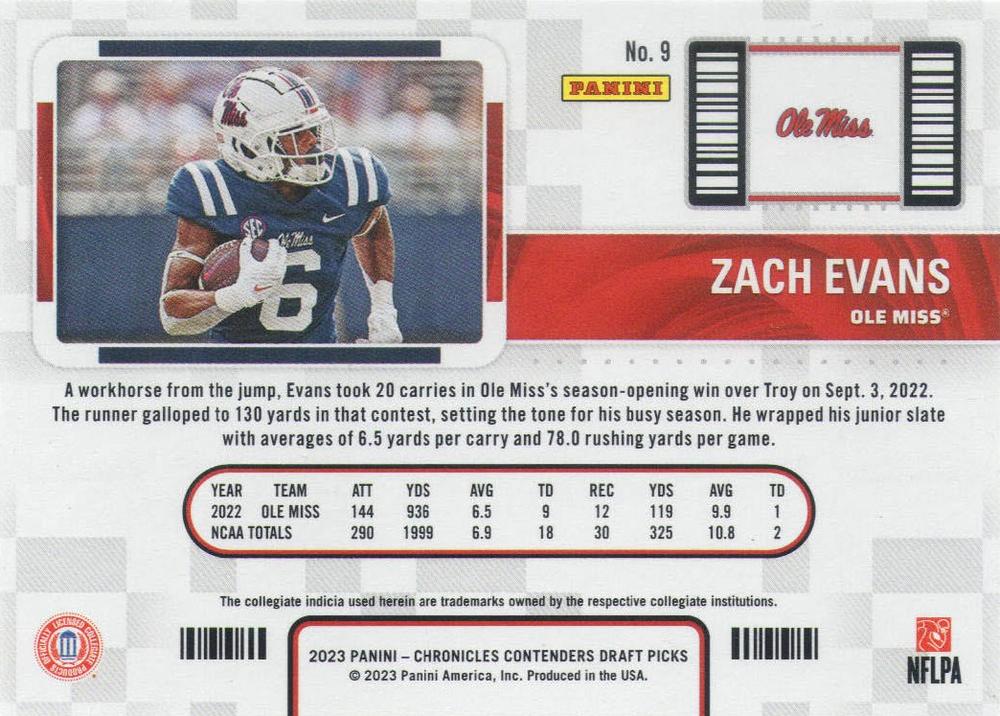 Panini Chronicles Draft Picks - Contenders College Ticket #9 Zach Evans - Ole Miss Rebels