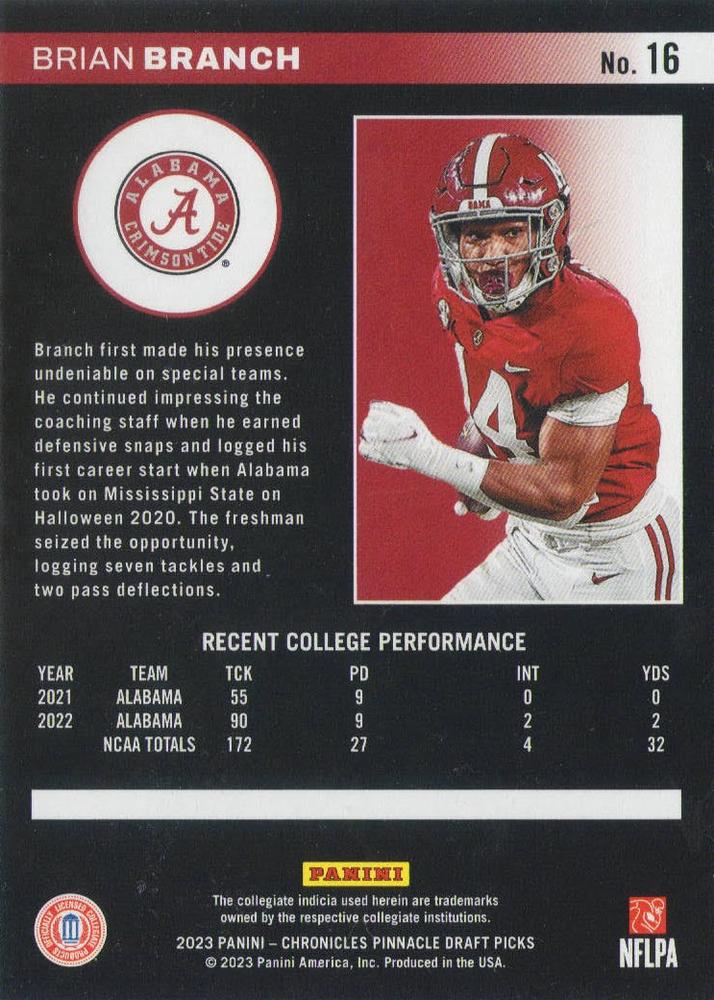 2023 Panini Chronicles Pinnacle Draft Picks #16 Brian Branch - Alabama Crimson Tide