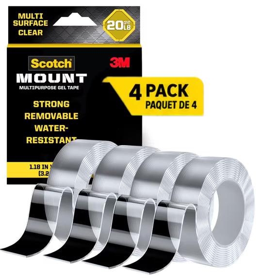 Scotch-Mount Multipurpose Gel Tape Roll, Clear, 1.18 in x 118 in, Holds Up to 20 lbs, Removable Water-Resistant 3M Mounting Tape
