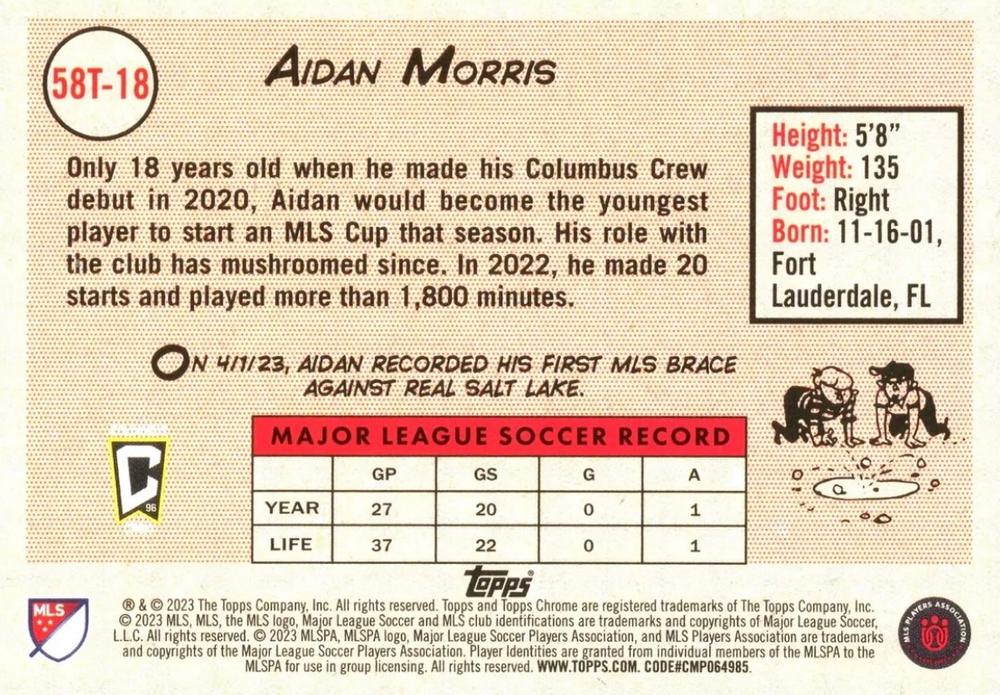 2023 Topps Chrome MLS 1958 Topps Green Refractor #58T-18 Aidan Morris 63/75 - Columbus Crew