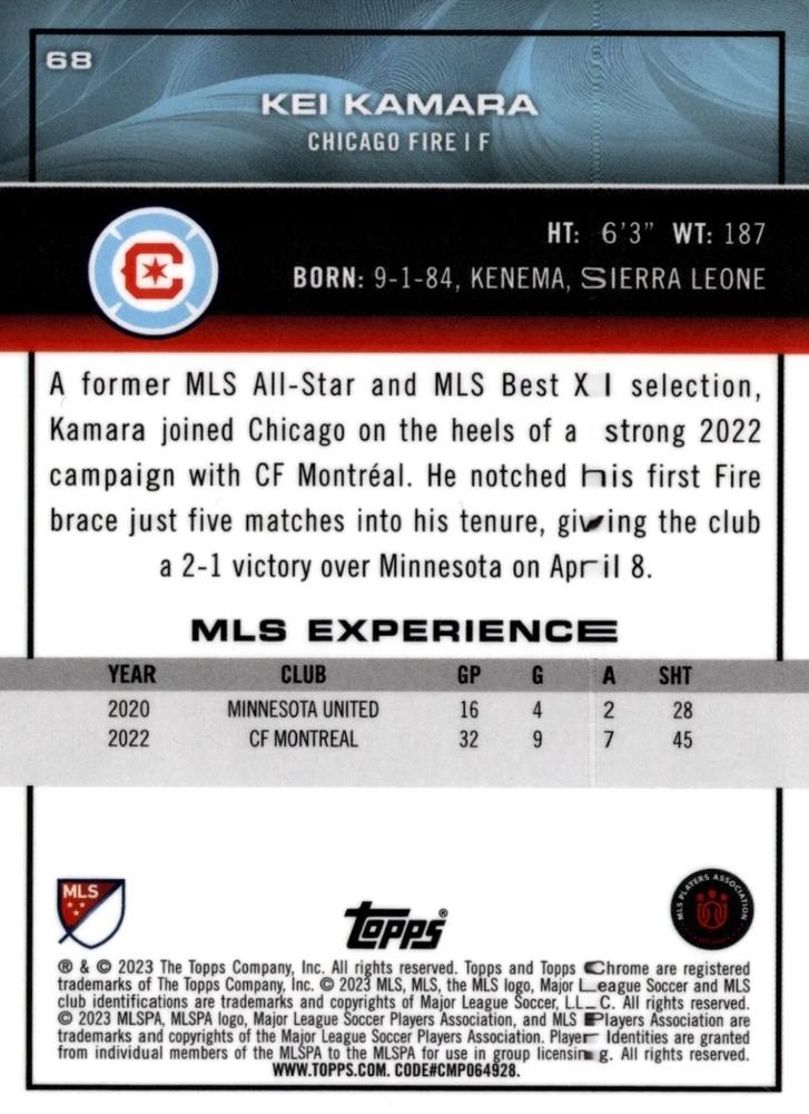 2023 Topps Chrome MLS Pink X-Fractor #68 Kei Kamara - Chicago Fire