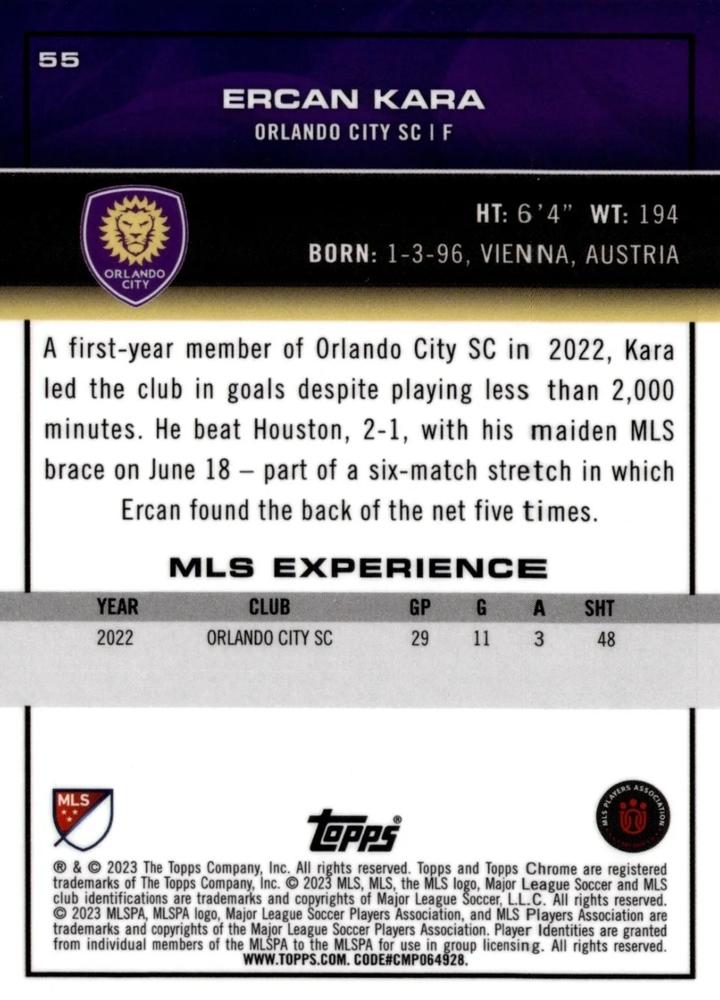 2023 Topps Chrome MLS Aqua X-Fractor #55 Ercan Kara 33/125 - Orlando City SC