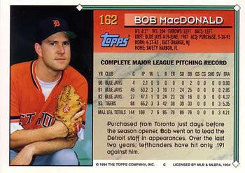 1994 Topps Bob MacDonald # 162 Detroit Tigers