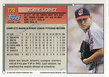 1994 Topps Albie Lopez RC # 178 Cleveland Indians