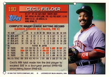 1994 Topps Cecil Fielder # 190 Detroit Tigers