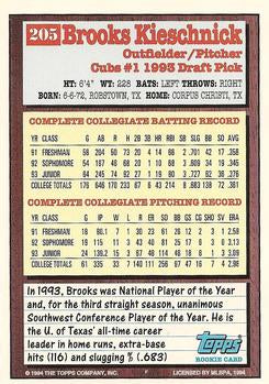 1994 Topps Brooks Kieschnick DPK, RC # 205 Chicago Cubs