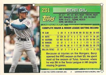 1994 Topps Benji Gil FS # 231 Texas Rangers