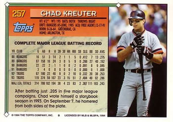 1994 Topps Chad Kreuter # 257 Detroit Tigers