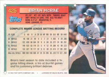 1994 Topps Brian McRae # 425 Kansas City Royals