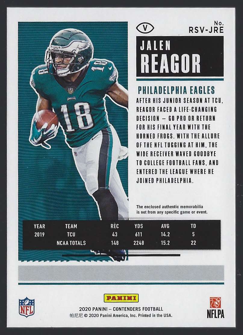 2020 Panini Contenders Jalen Reagor Green Rookie Ticket Jersey Patch RSV-JRE