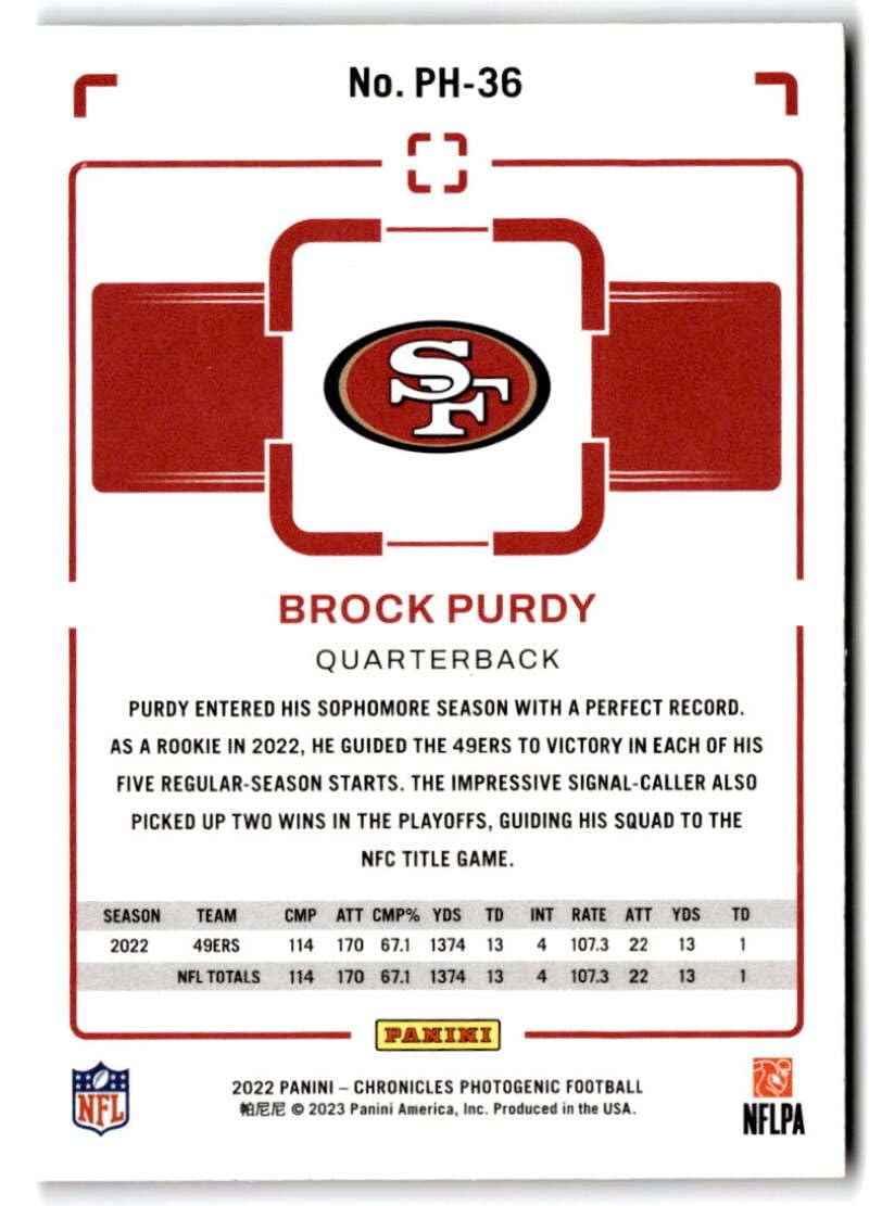 2022 Panini Chronicles Photogenic Rookie Brock Purdy #PH-36 San Francisco 49ers