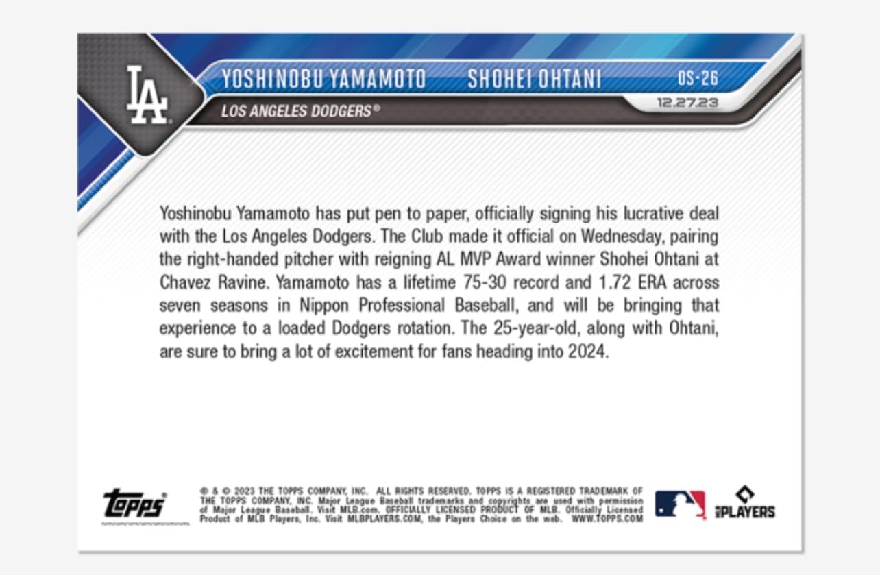 Yoshinobu Yamamoto/Shohei Ohtani - 2023 MLB TOPPS NOW Card OS26