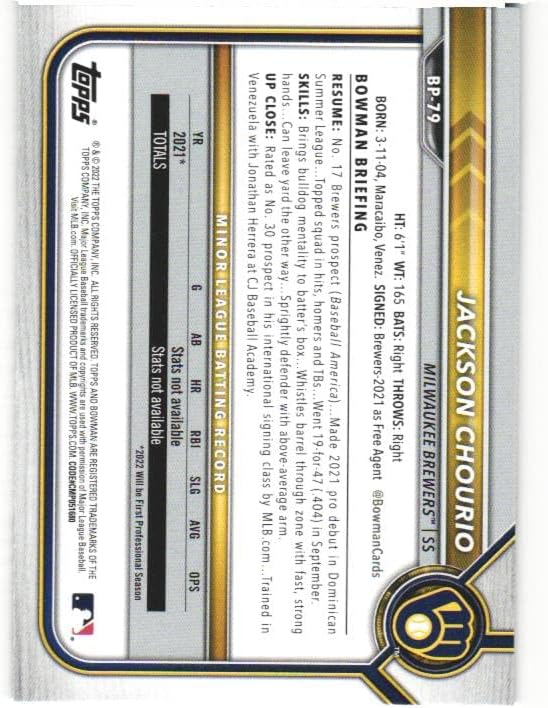 2023 Bowman 1st Jackson Chourio BP-79 Milwaukee Brewers