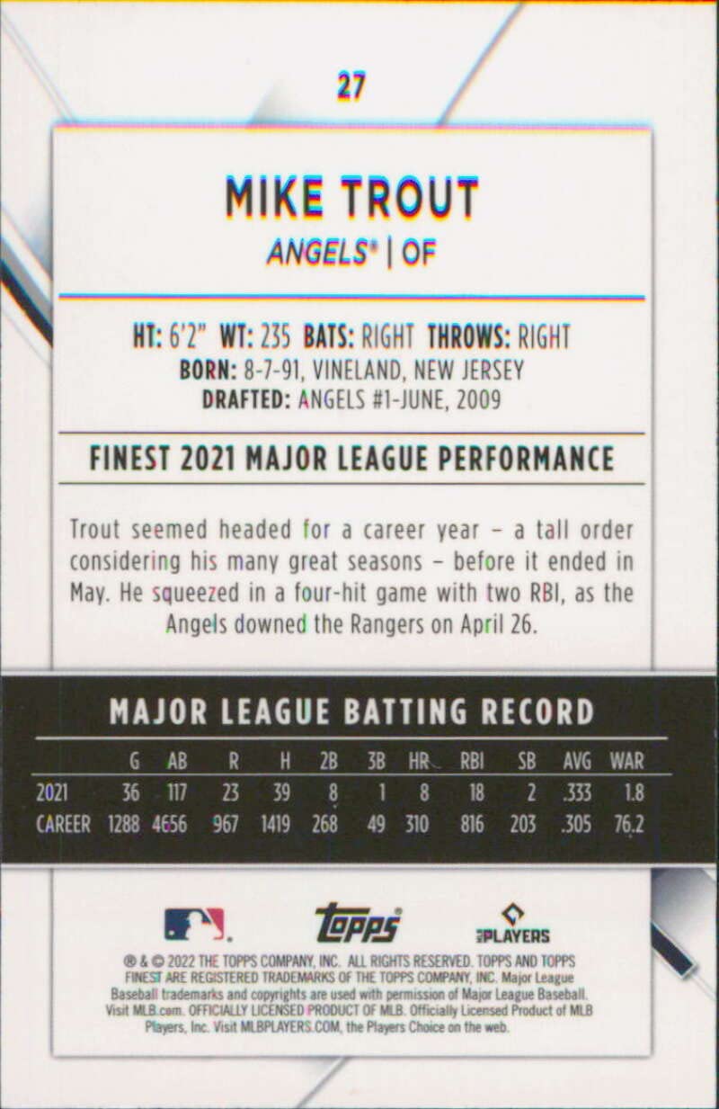 2022 Topps Finest Mike Trout Refractor Card #27 Angels