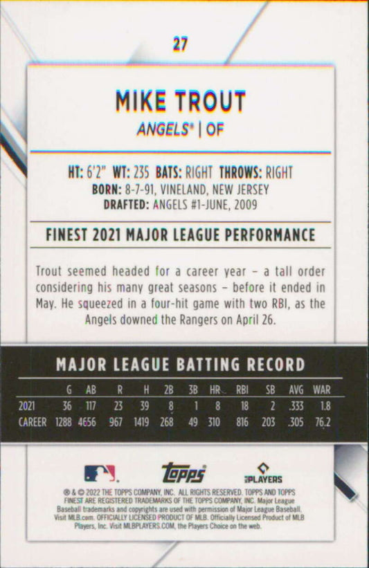 2022 Topps Finest Mike Trout Refractor Card #27 Angels