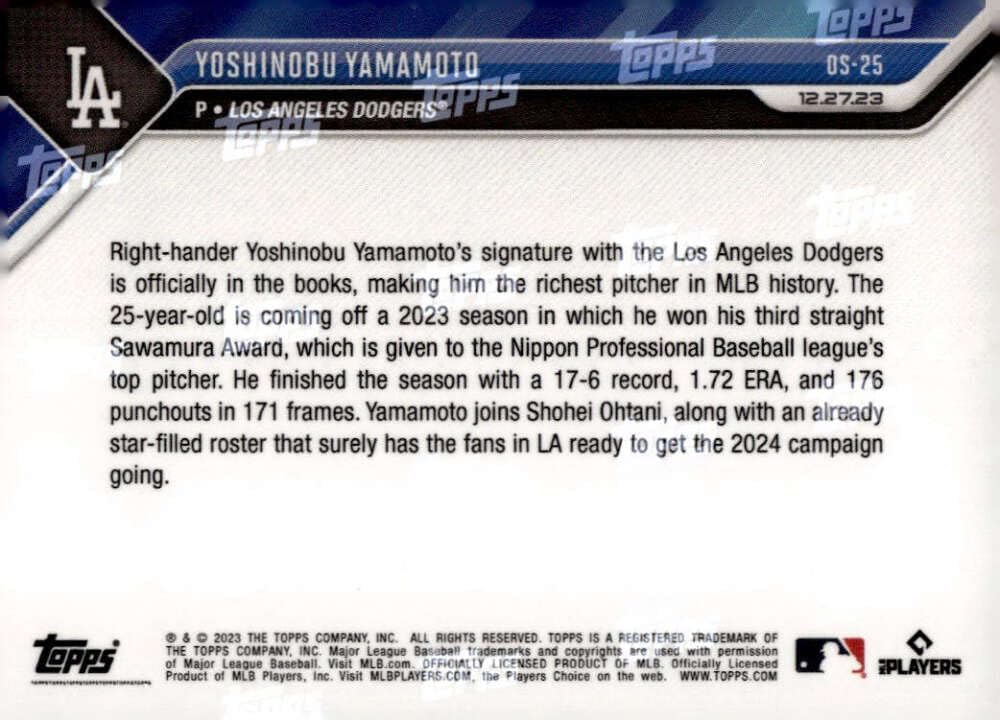 Yoshinobu Yamamoto - 2023 MLB TOPPS NOW Card #OS25