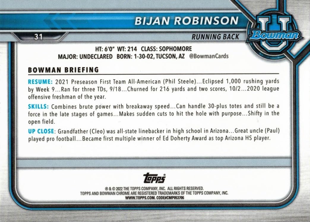 2022 Bowman University Chrome Rookie #31 Bijah Robinson