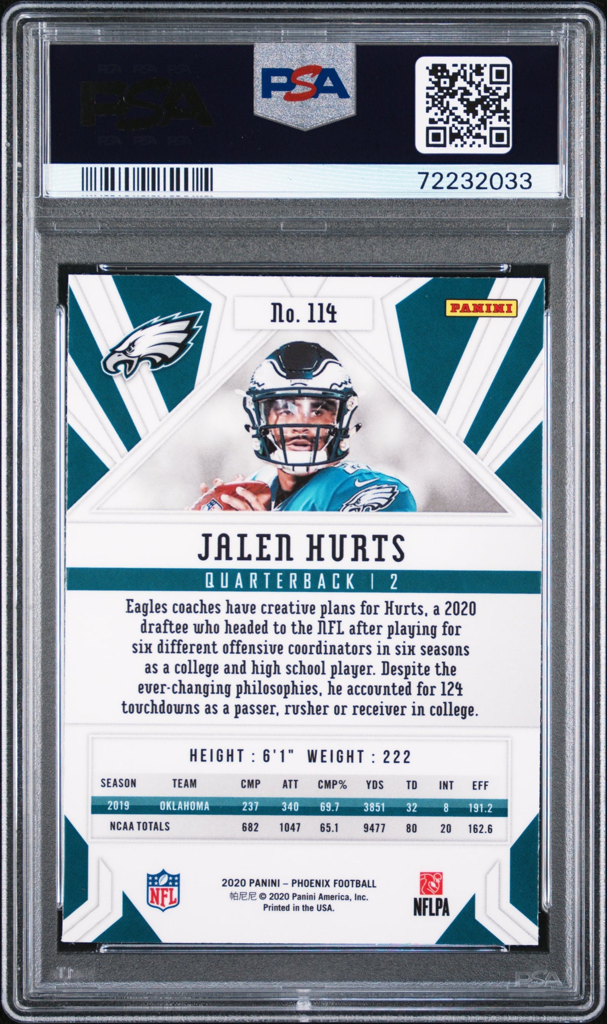 Jalen Hurts RC 2020 Panini Phoenix Fire Burst Rookie #144 Philadelphia Eagles PSA 10 GEM Mint