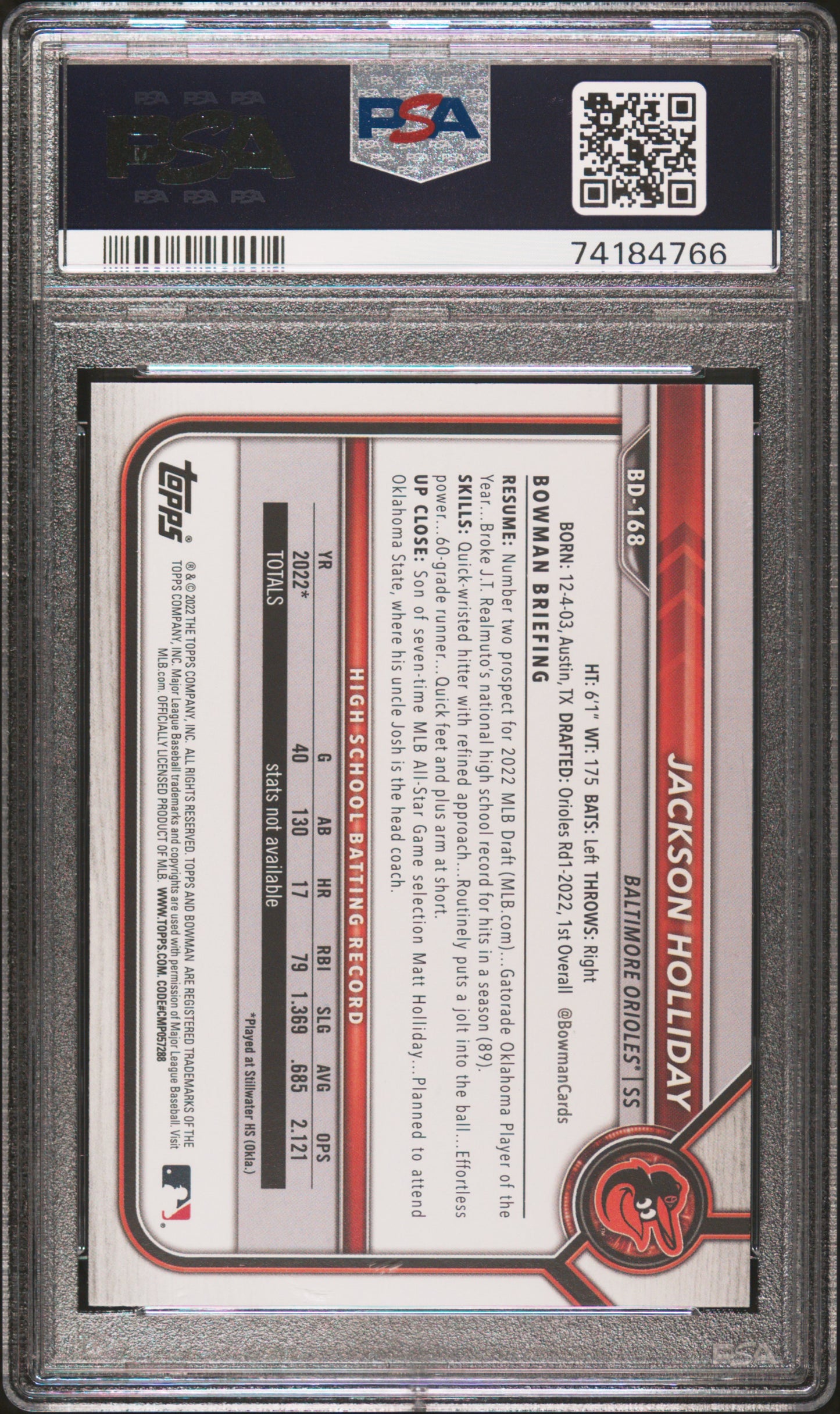 2022 Bowman Draft #BD168 Jackson Holliday PSA 10 GEM Mint