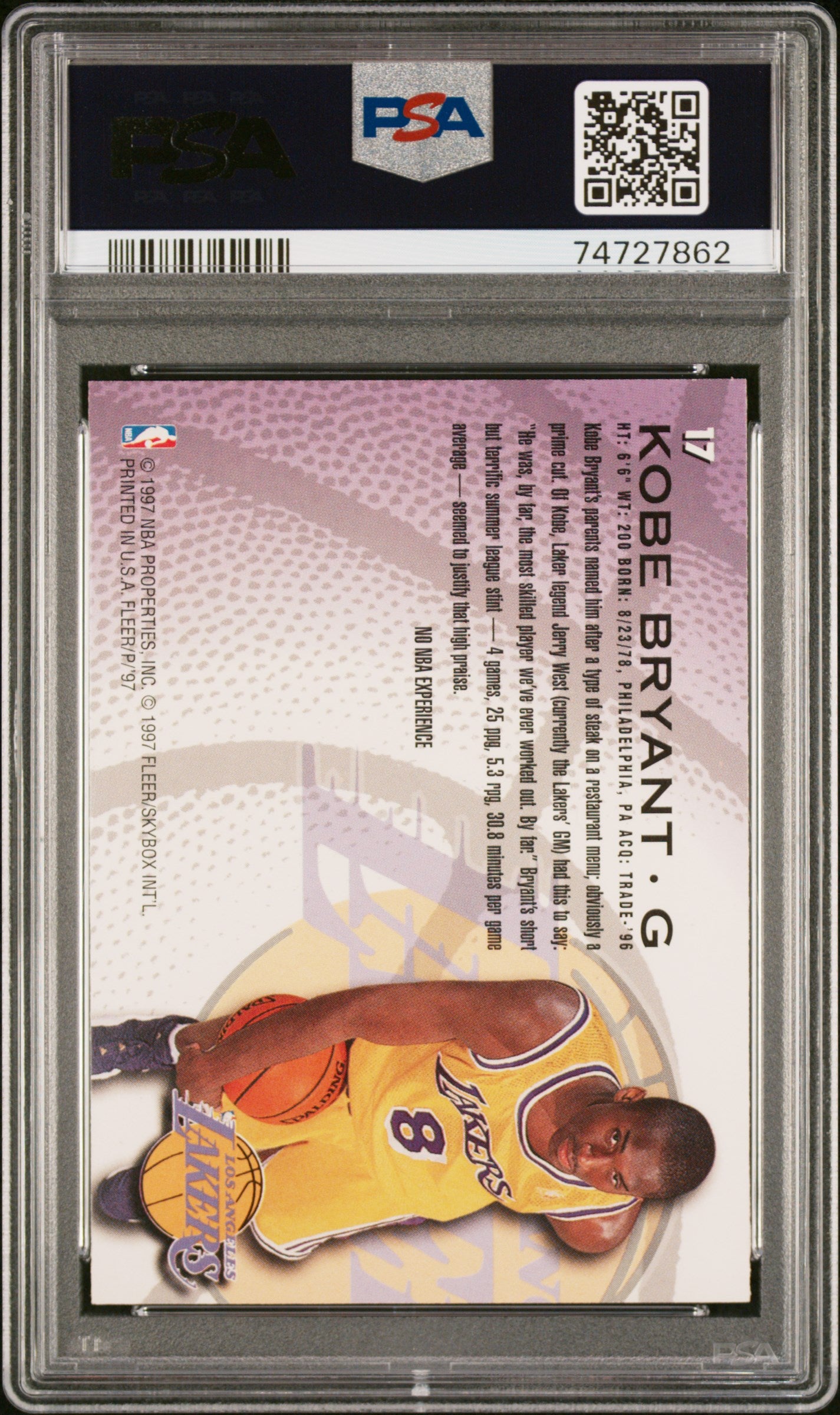 1996-97 Fleer Sprite Kobe Bryant Rookie #17 LA Lakers HOF PSA 8 NM-MT RC