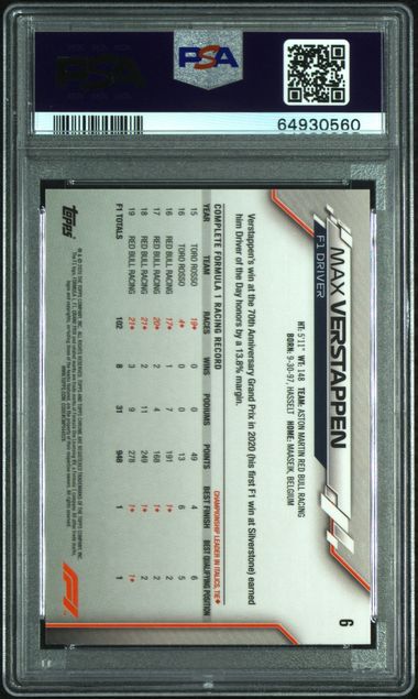 Max Verstappen 2020 Topps Chrome #6 Rookie RC Card PSA 10