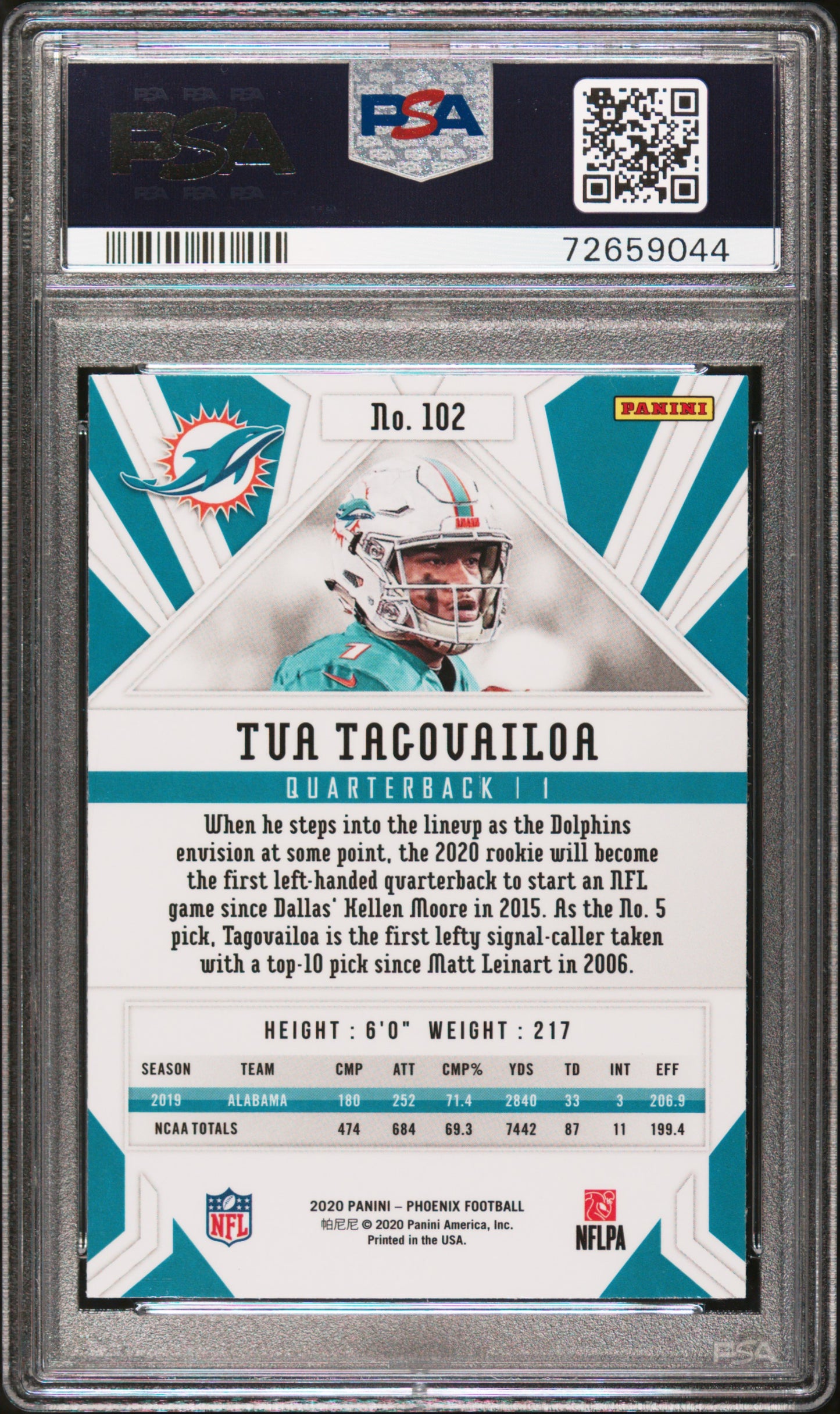 2020 Panini Phoenix Fire Burst Tua Tagovailoa Rookie #102 Miami Dolphins PSA 10 Mint