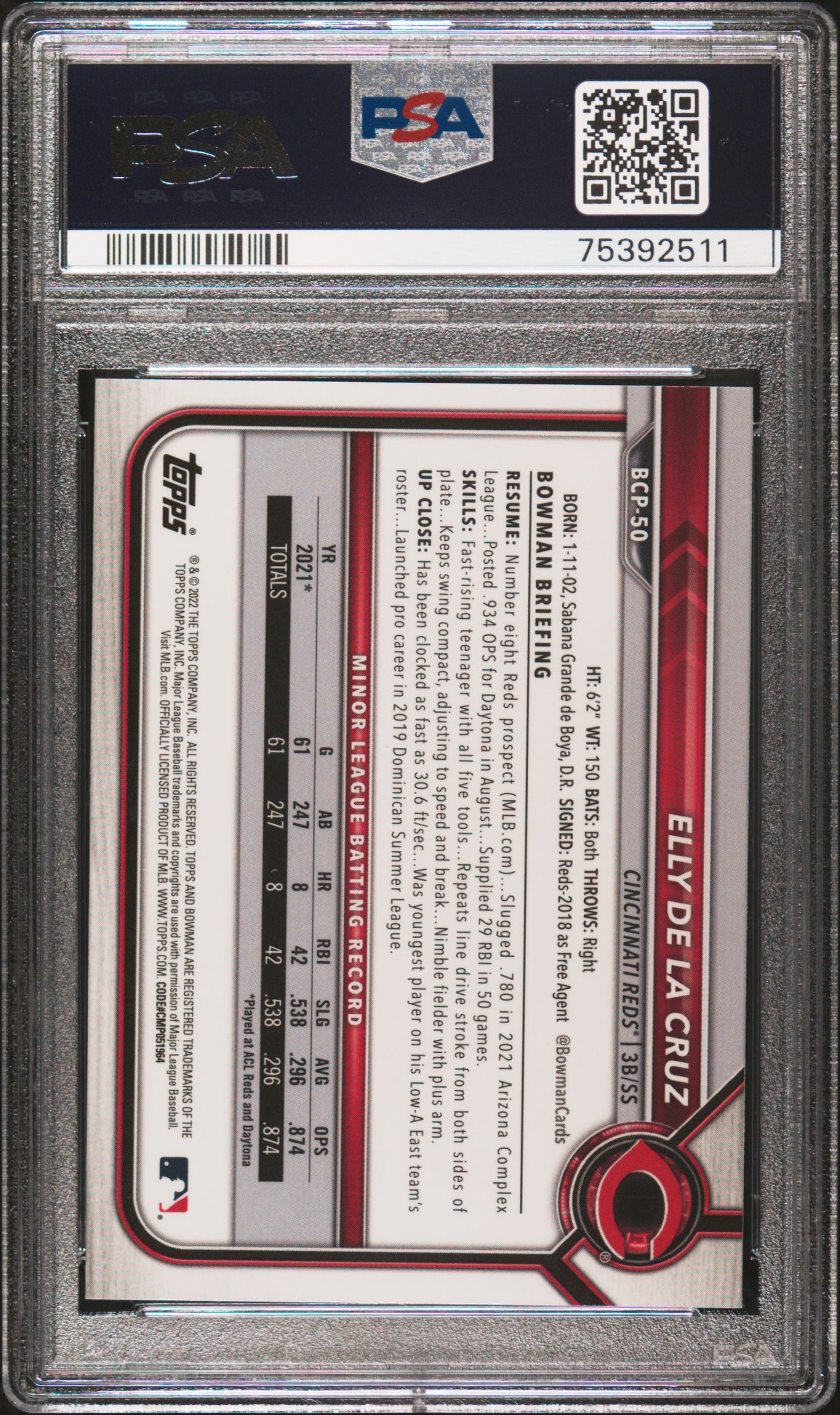 2022 Bowman Sapphire Edition 1st Chrome Prospects Elly De La Cruz #BCP-50 Reds PSA 9 Mint