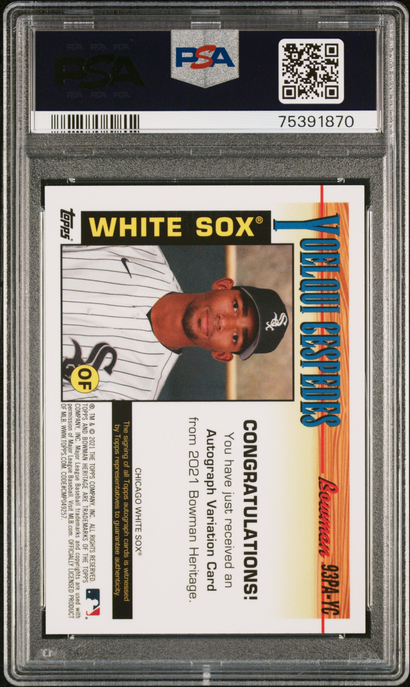 Yoelqui Cespedes PSA 9 2021 Bowman Heritage Variation Auto #93PA-YC White Sox