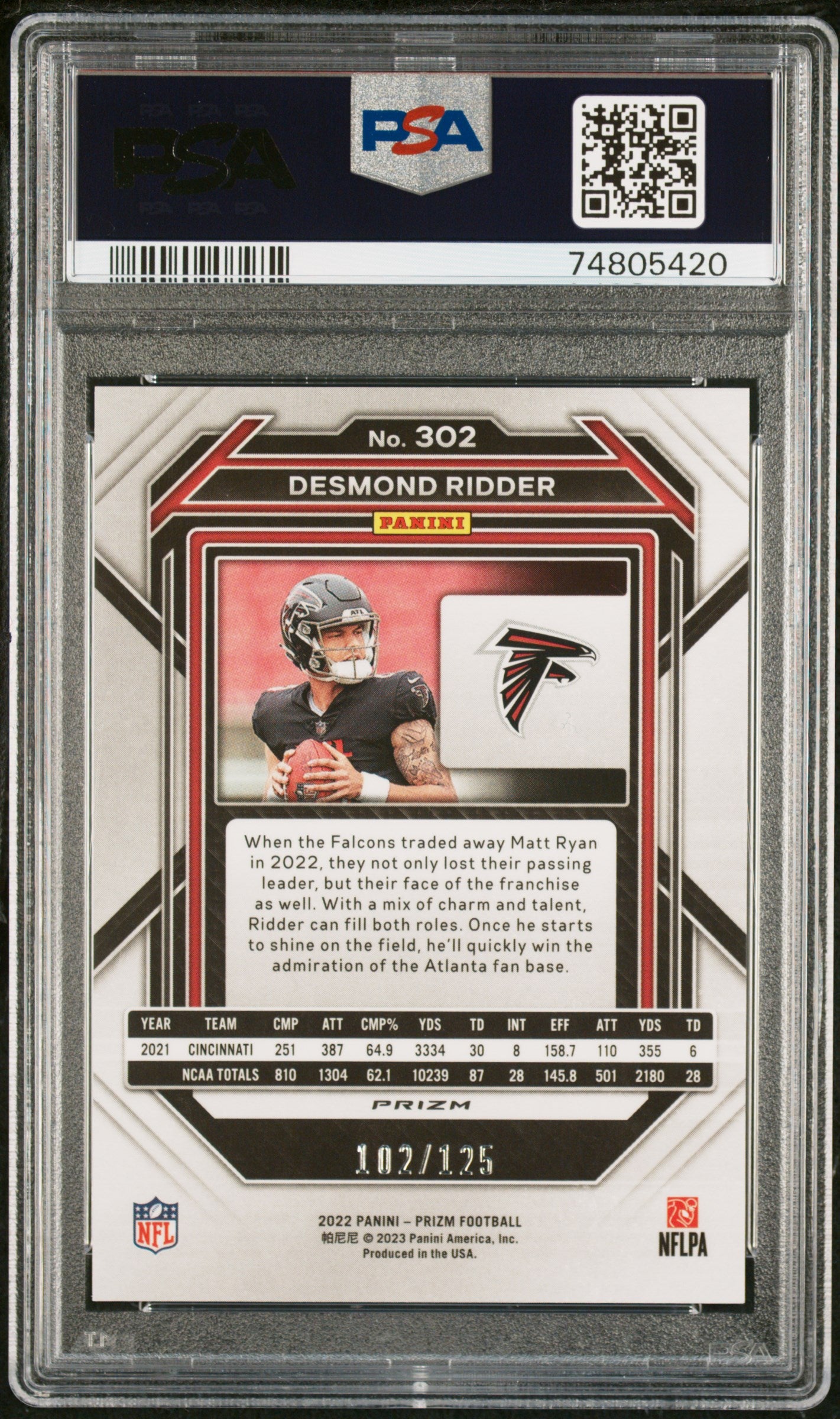2022 Panini Purple Prizm #302 Desmond Ridder Rookie #/125 PSA 9 Mint - walk-of-famesports
