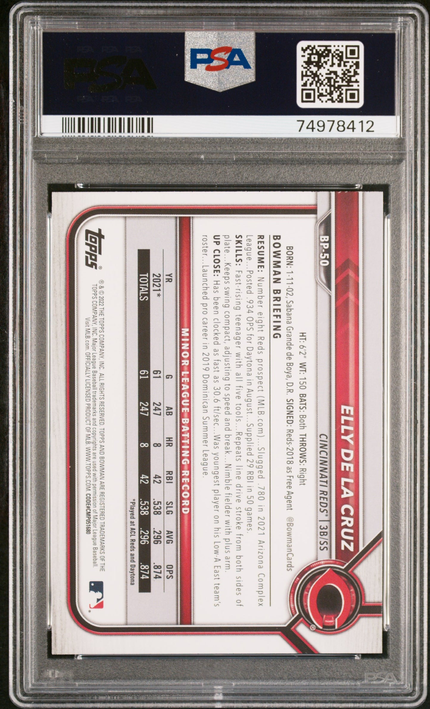 2022 Bowman Elly De La Cruz BP-50 1st Paper Prospect PSA 9 Mint Reds