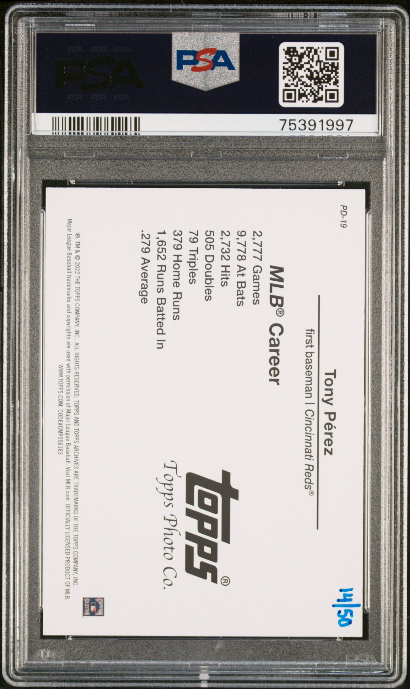 2022 Topps Archives Snapshots Picture Day #/50 Tony Perez Pink SP Reds PD-19 PSA 9 POP 1