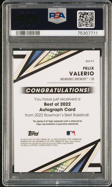 2022 Bowman's Best FELIX VALERIO Autographed REFRACTOR Prospect/Rookie SP B22-FV PSA 9