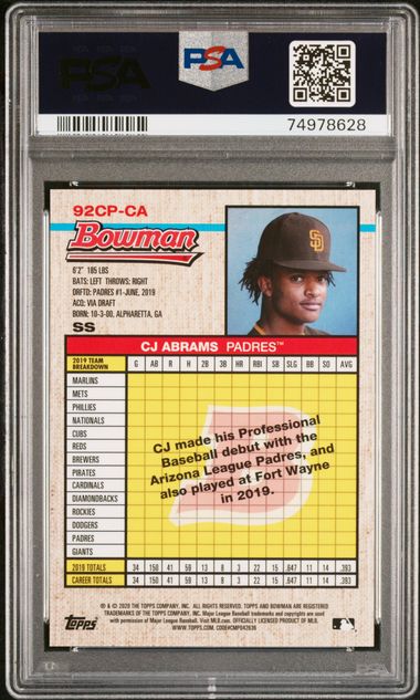 2020 Bowman Heritage Chrome Prospects Yellow Refractor CJ Abrams 64/75 #92CP-CA
