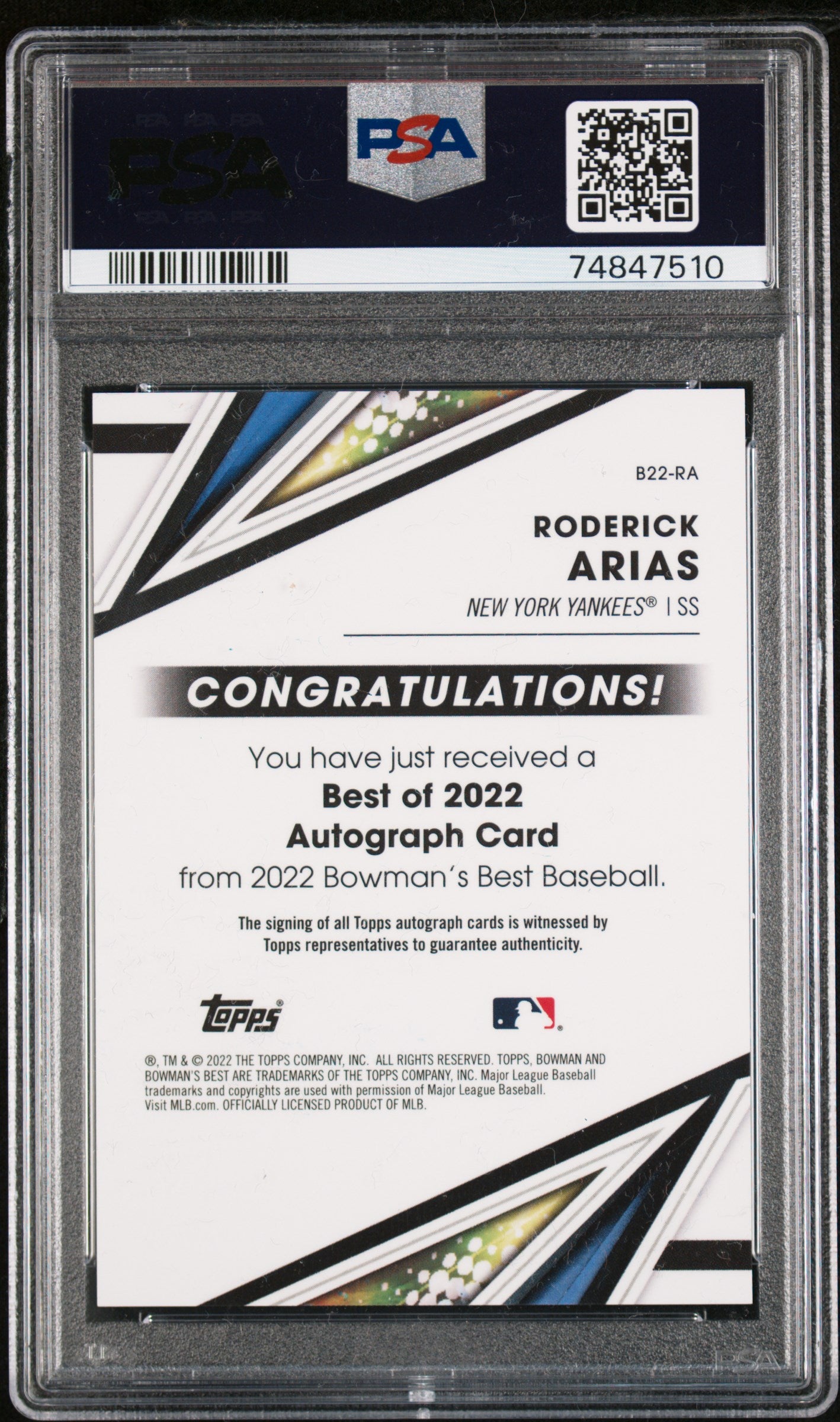 2022 Bowmans Best Roderick Arias Autograph #B22-RA PSA 9 Mint Yankees
