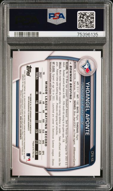 2023 Bowman Chrome Prospect Autographs #CPA-YA Yhoangel Aponte 1st Auto PSA GEM Mint 10