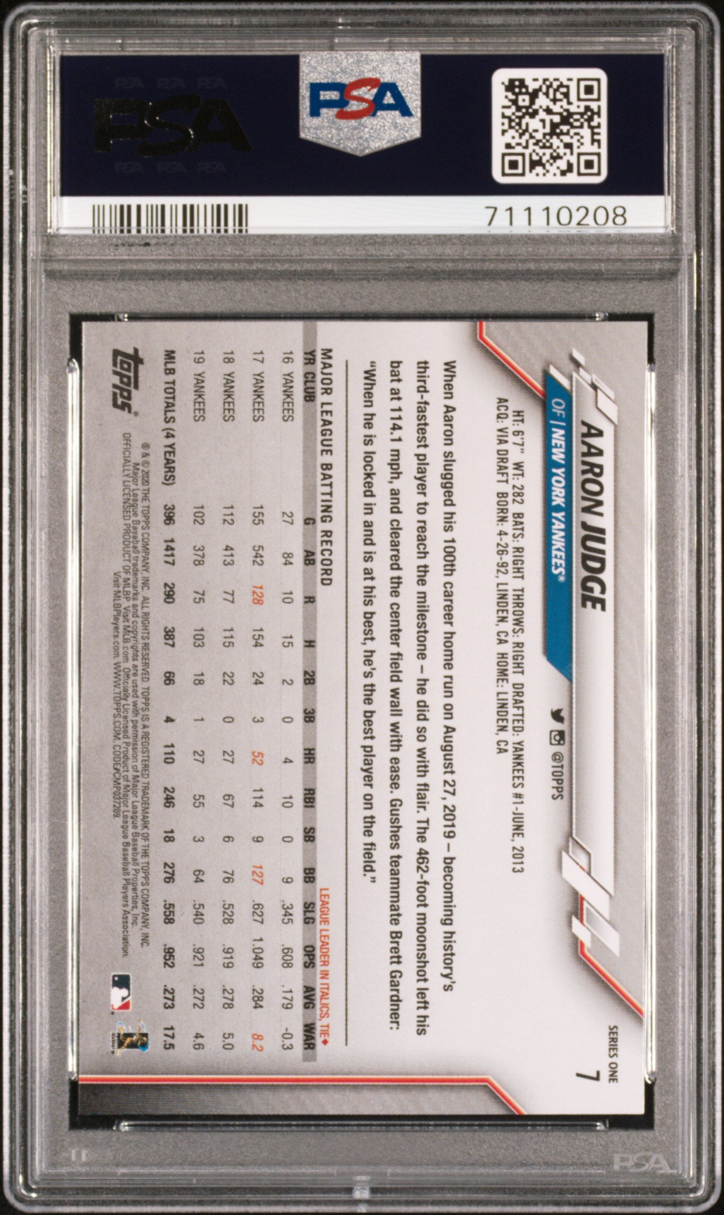 2020 Topps Complete Set Aaron Judge Gold Stars #7 PSA 9 MINT NEW YORK YANKEES