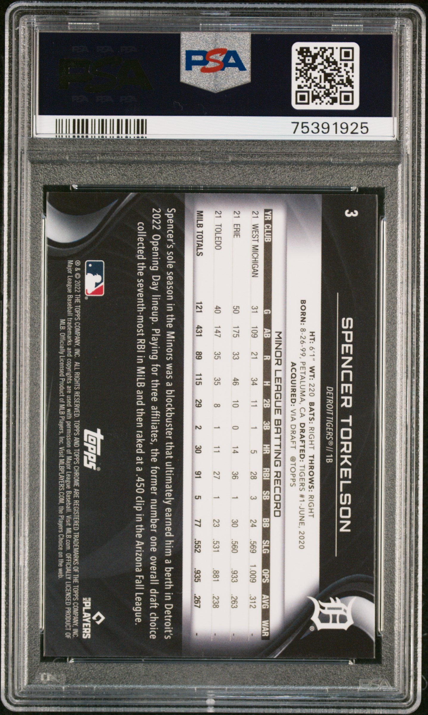 2022 Topps Chrome Black #3 RC Rookie Spencer Torkelson Tigers PSA 10 Low POP