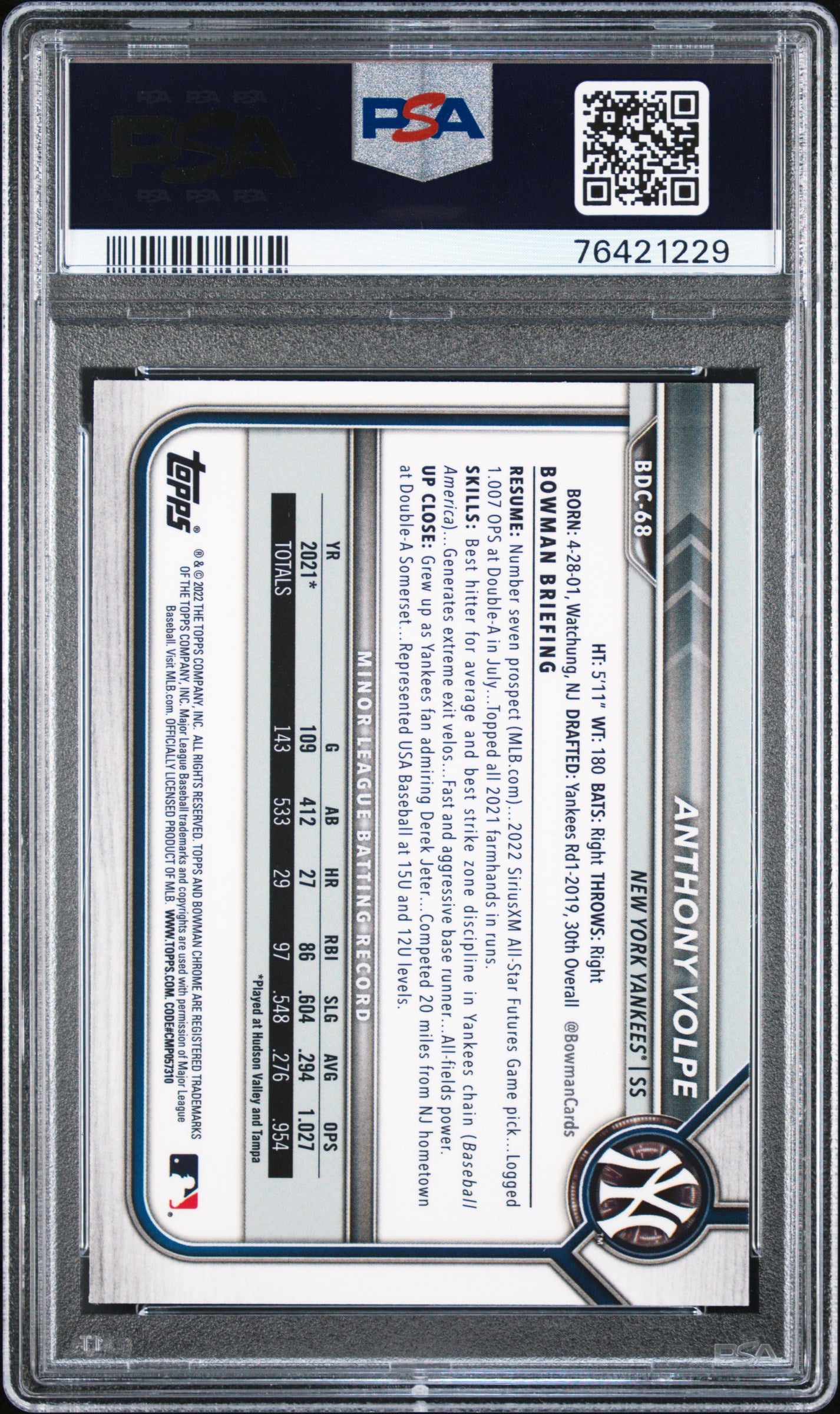 2022 Bowman Draft Chrome Black & White RayWave Anthony Volpe PSA 9