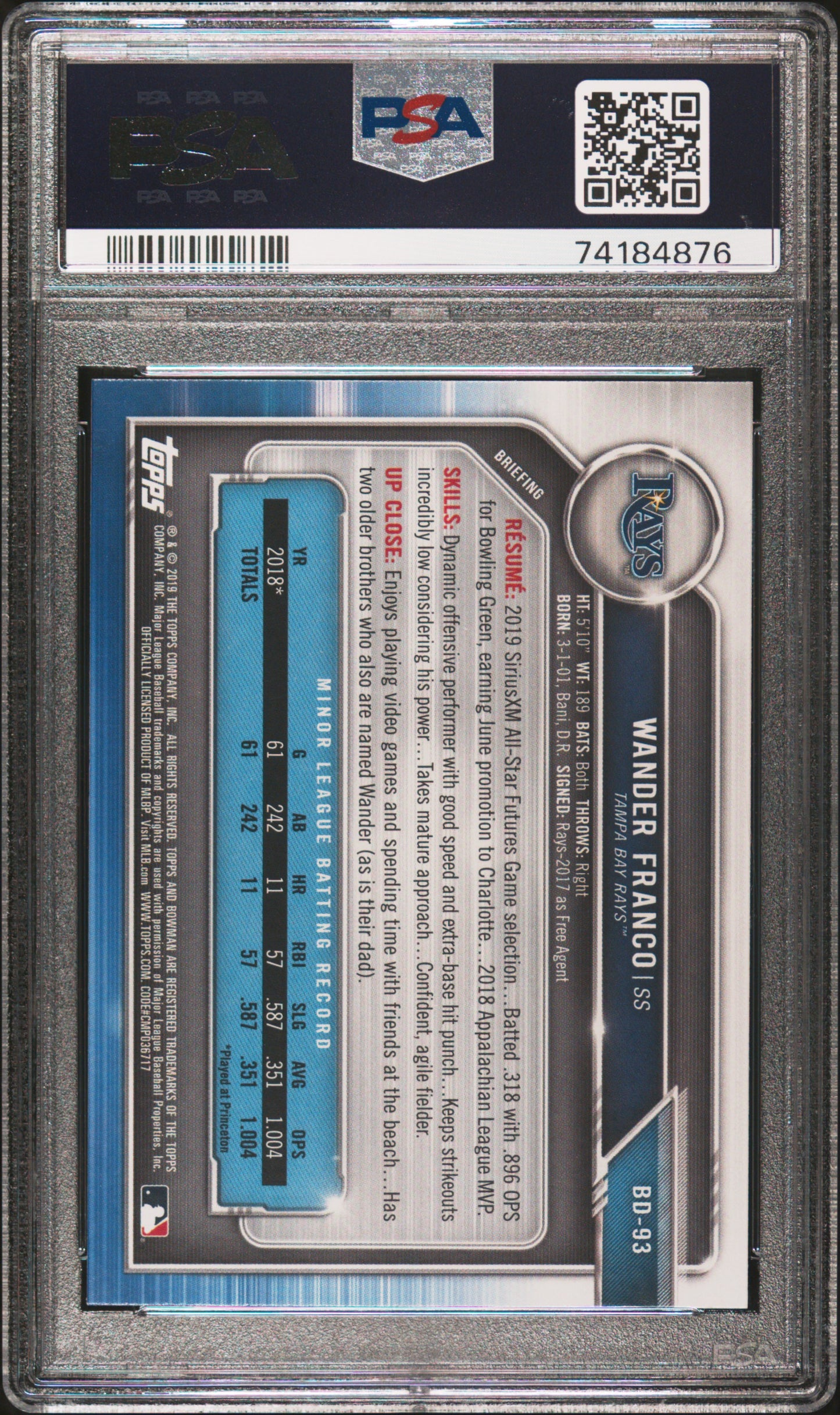 2019 Bowman Wander Franco Rc #BD93 PSA 8