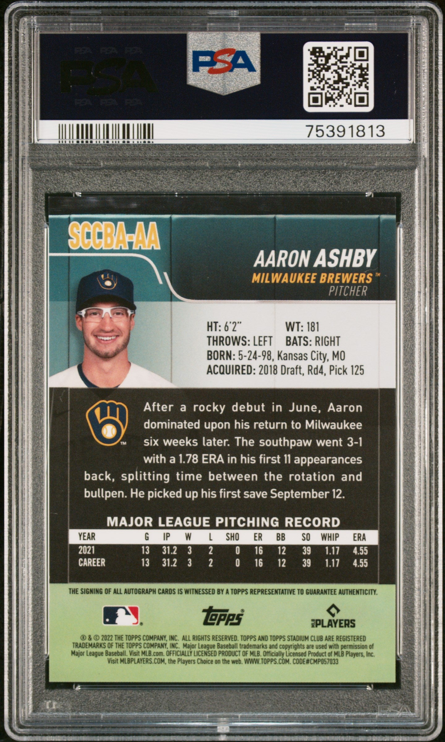 2022 Topps Stadium Club Chrome Aaron Ashby Autograph #SCCBA-AA PSA 10 Mint