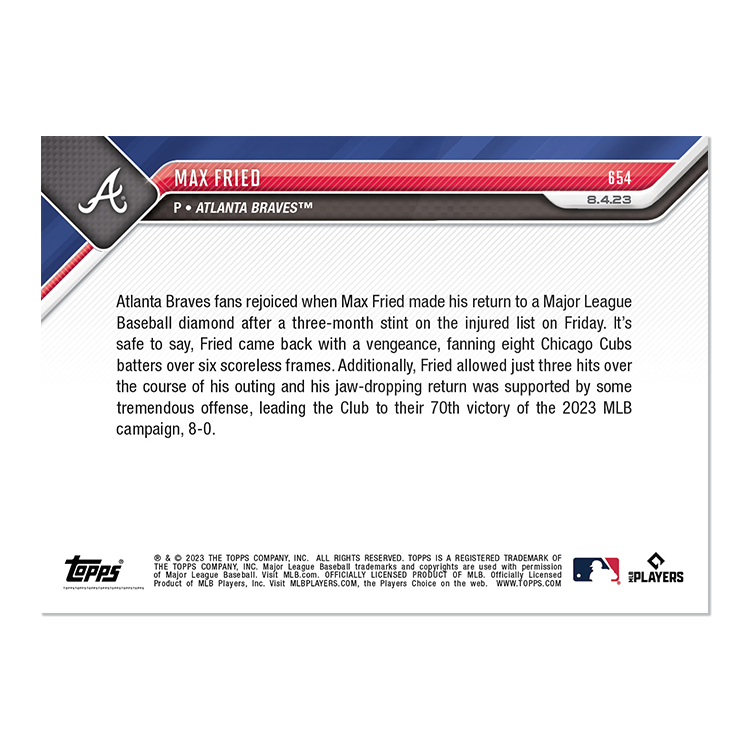Max Fried - 2023 MLB TOPPS NOW Card #654 Atlanta Braves - walk-of-famesports