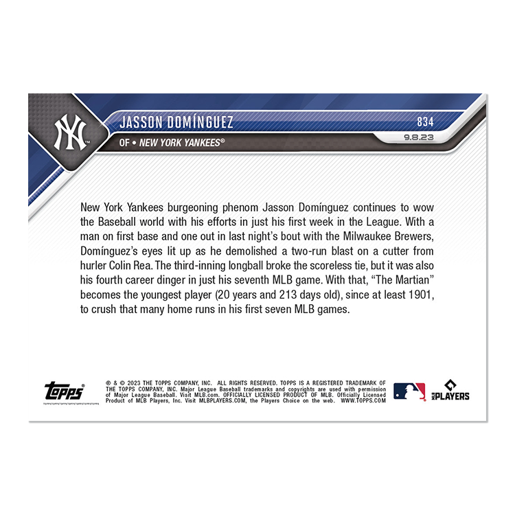 2023 Topps Now Call-Up Jasson Dominguez #834 New York Yankees