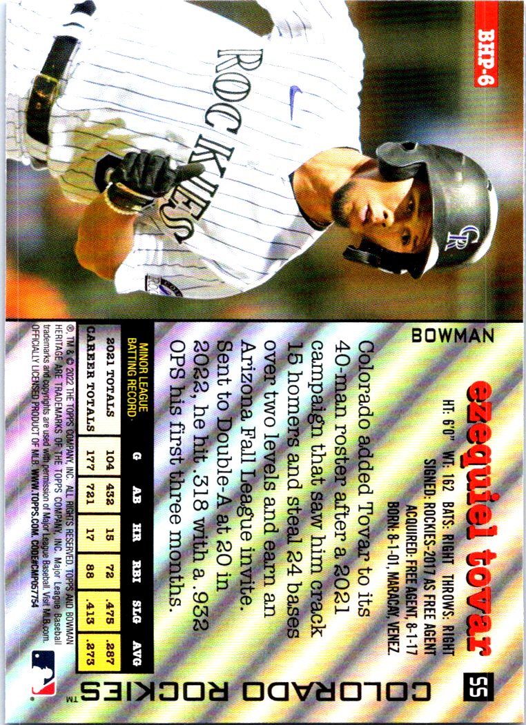 2022 Bowman Heritage #BHPC-6 Ezequiel Tovar Chrome Prospect