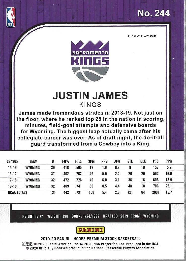 2019-20 Hoops Premium Stock Justin James Rookie Green Prizm #244 Sacramento Kings