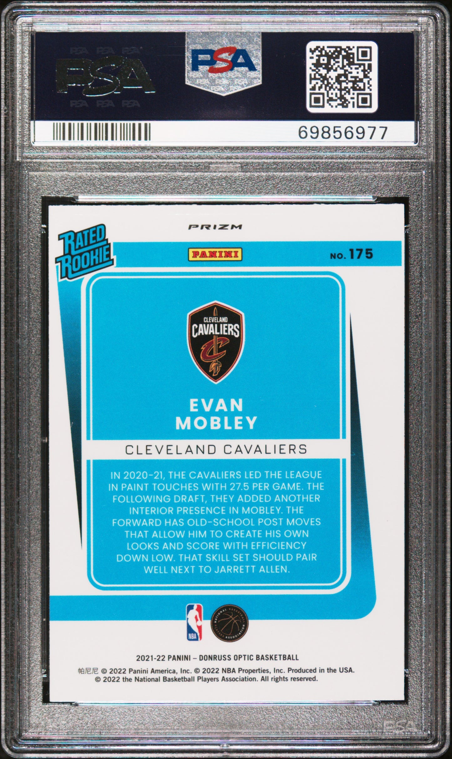 2021-22 Donruss Optic Evan Mobley Purple Prizm Rated Rookie RC #175 Cavaliers PSA 8 NM-MT